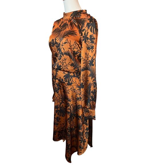 Future Collective Satin Mock Neck Midi Dress XL Brown Tropical Print Retro - Picture 5 of 11